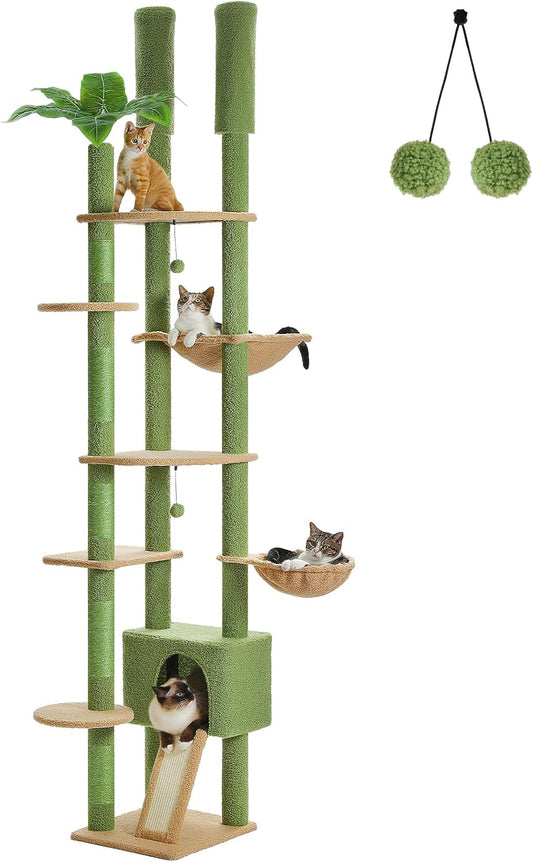 PAWZ Road High Cat Tree Floor to Ceiling Cat Tower Cactus with Adjustable Height (230-252cm), Cat Climbing Activity Center with Scratching Posts, Apartment, Cozy Hammock and Dangling Balls for - QUORE