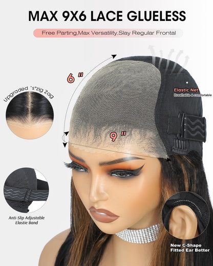 Gelaagde Curtain Bangs Pruik van Echt Haar 1B/30 Zwart-Bruin – Lijmloze Pruik – Lace Front Pruik – Menselijk Haar Pruik – Body Wave Pruik – 6x6 HD Lace – 200% Dichtheid