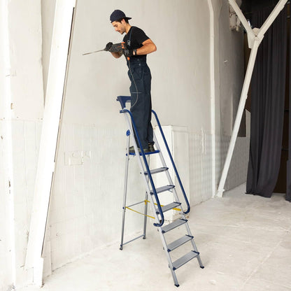 Ladder, beveiligd 7 treden, robuust aluminium, leuning, afneembare gereedschapsbak, platformhoogte 158 cm, draagkracht 150 kg, Hostrom