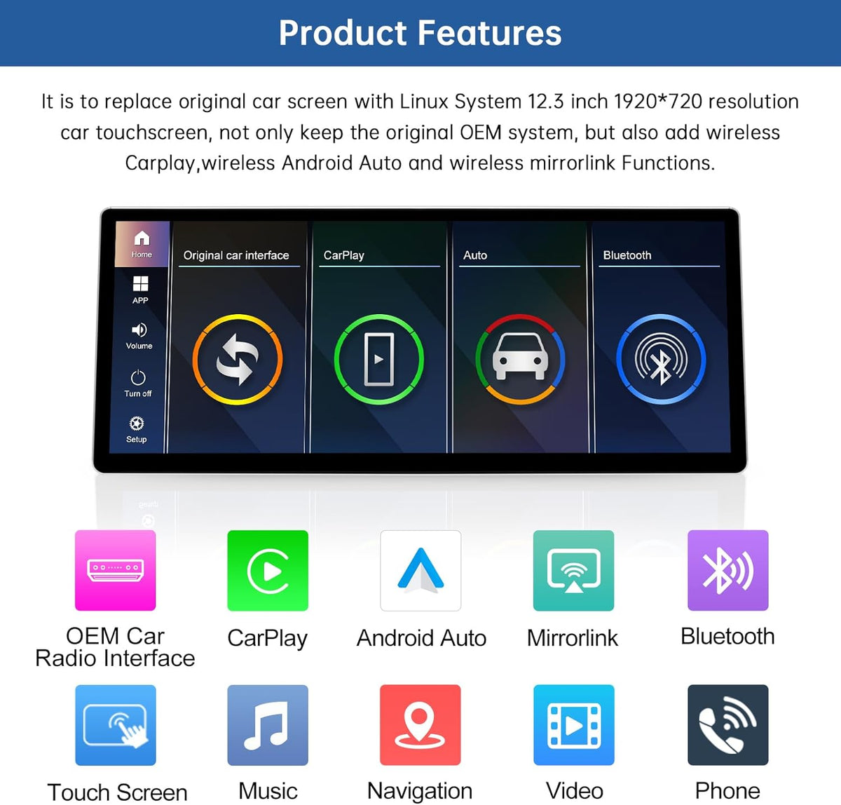 12,3 Inch Autoradio Touchscreen – Multimedia Scherm – Navigatiescherm – Infotainmentsysteem – Auto Display – Draadloze CarPlay – Android Auto – Plug & Play Installatie – HD Resolutie 1920x720