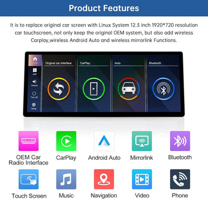 12,3 Inch Autoradio Touchscreen – Multimedia Scherm – Navigatiescherm – Infotainmentsysteem – Auto Display – Draadloze CarPlay – Android Auto – Plug & Play Installatie – HD Resolutie 1920x720