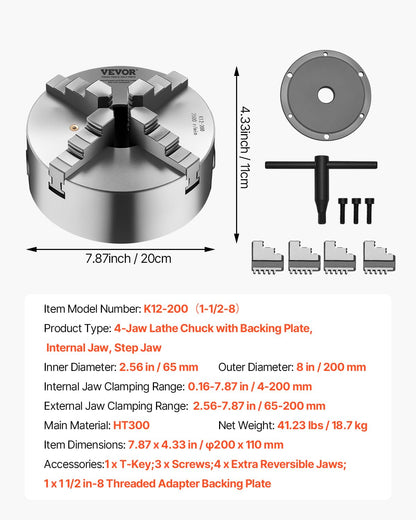 VEVOR Draaibankhouder met 4 kaken, 200 mm, zelfcentrerende boorkop met 1 1/2"-8 schroefdraadsteunplaat, 4-200 mm klembereik met T-moersleutelschroeven, HT300-materiaal, voor hout-metaaldraaibank