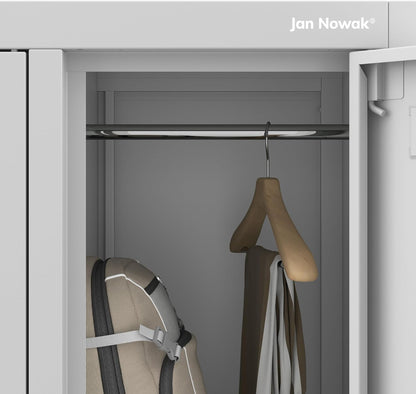 Jan Nowak metal locker cabinet for school and dressing room steel spindle box with lock and 10 separate compartments with hanging rod ventilation and label holders professional locker 150 x 136 x 45 - QUORE