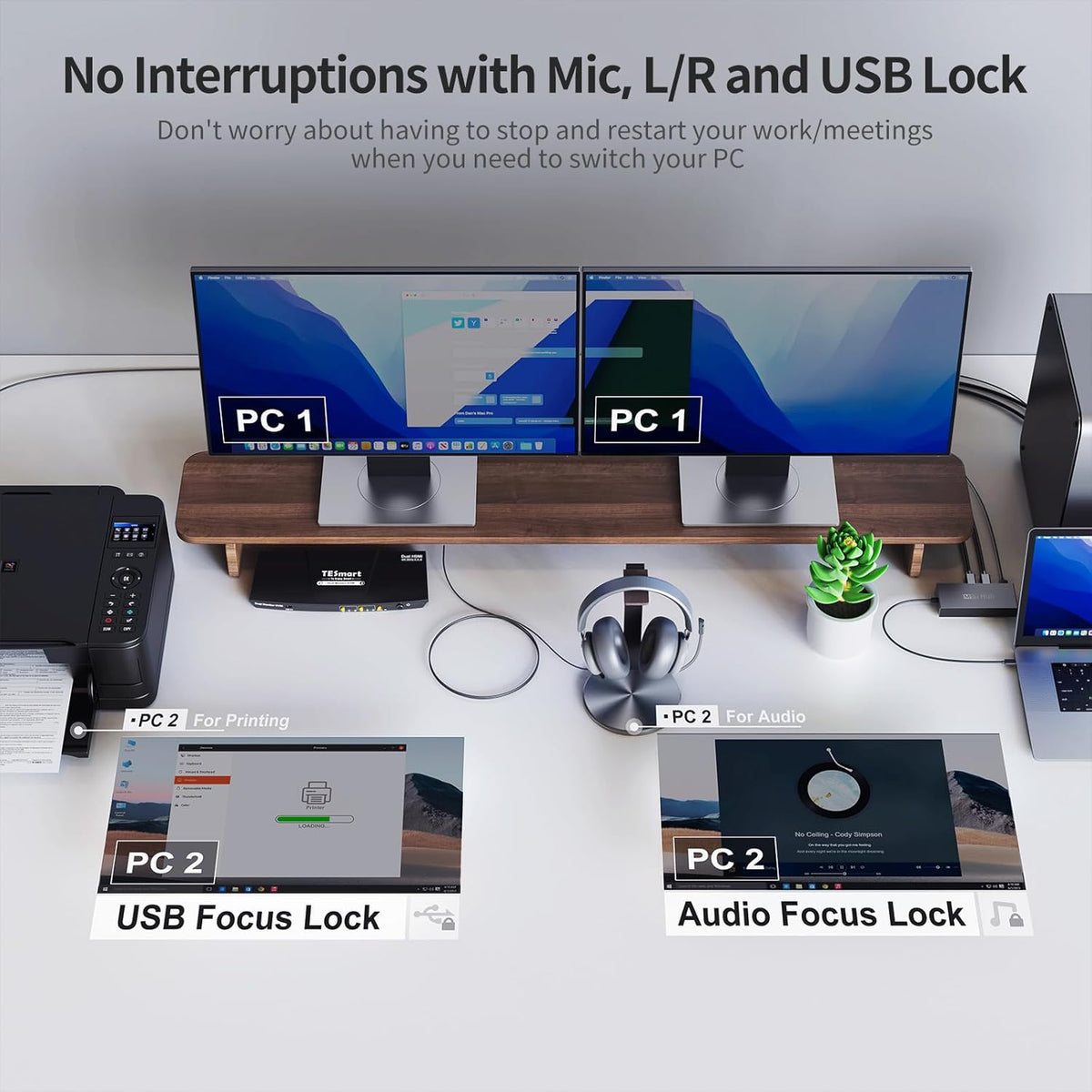 TESmart 4K30Hz KVM Switch 2 monitoren, HDMI 2 PC 2 Monitor Switch met kabel x 4, EDID-emulator, audio extractor, USB 2.0 voor toetsenbord muis scanner printer, HDCP 2.2, hotkey, button schakelaar
