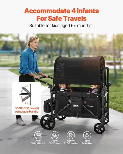 VEVOR Wagon Kinderwagen voor 4 Kinderen, Push Pull Quad Opvouwbare Kinderwagen met Verstelbare Handvat, 5-punts Veiligheidsharnas & Afneembare Luifel, 4-zits Kinderwagen voor Camping, Zwart (149,7 kg