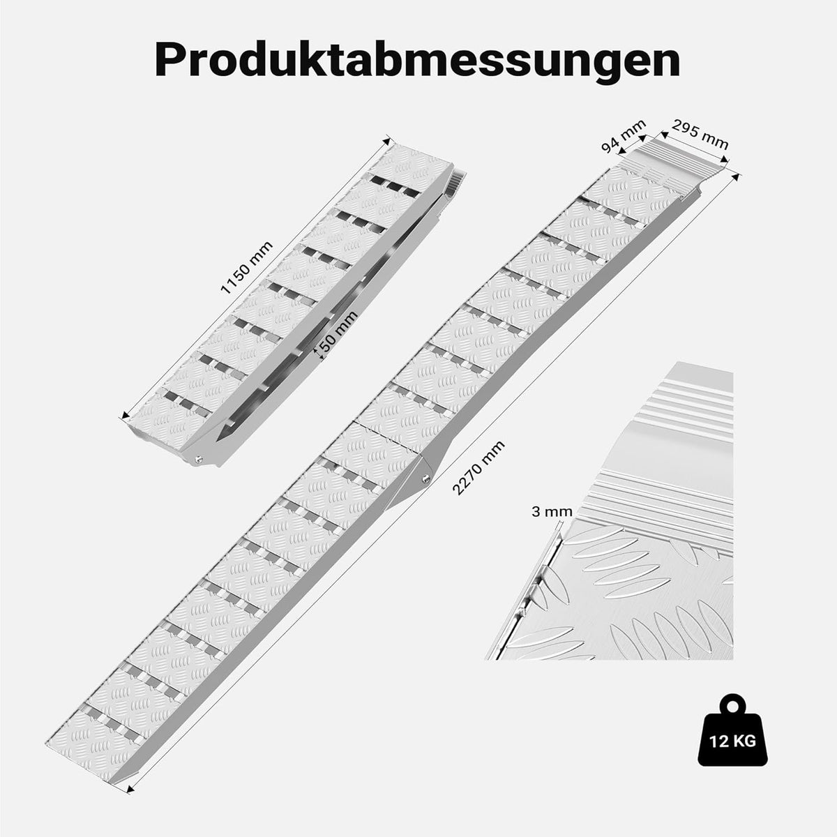 Wiltec Laadhelling inklapbaar - 2280 x 280 mm - max. draagkracht 680 kg - aluminium - met riem - voor motorfiets mountainbike quad - oprijplaat rail