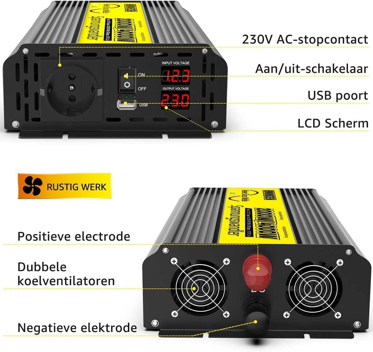 Spanningsomvormer, 2000 W/4000 W, zuivere sinusomvormer, DC 24 V naar AC 230 V, EU-stopcontact, dubbele lcd-digitale displayconverter voor campers, vrachtwagens, huishouden, bestelwagens
