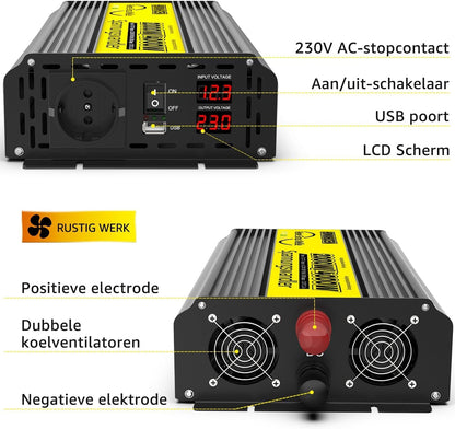 Spanningsomvormer, 2000 W/4000 W, zuivere sinusomvormer, DC 24 V naar AC 230 V, EU-stopcontact, dubbele lcd-digitale displayconverter voor campers, vrachtwagens, huishouden, bestelwagens