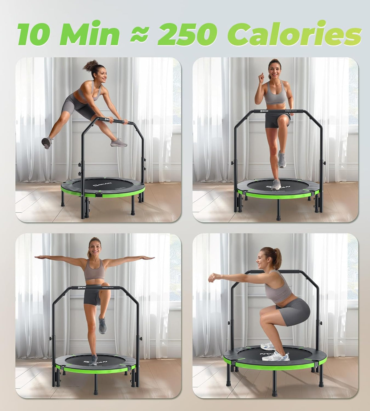 BCAN Indoor trampoline, 102 cm fitness minitrampoline, opvouwbaar, voor volwassenen met verstelbare handgreep, maximale belasting 150 kg, ideaal voor hometraining en fitnesstraining