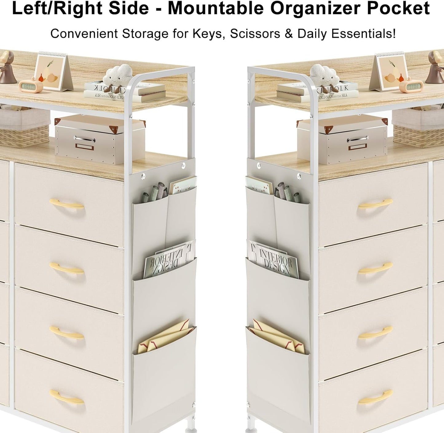 Ladekast – Dressoir – Opbergkast – Kledingkast – Kastje – 8 Stoffen Lades – Metalen Frame – 2-Laags Houten Bovenblad – Beige