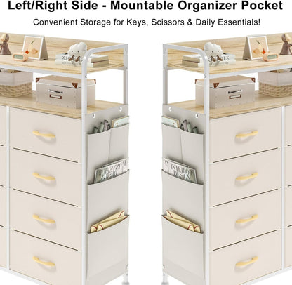 Ladekast – Dressoir – Opbergkast – Kledingkast – Kastje – 8 Stoffen Lades – Metalen Frame – 2-Laags Houten Bovenblad – Beige