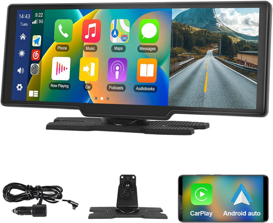Podofo 10,26 inch draagbare autoradio met draadloos A-pple Carplay Android autorecorder scherm, 7-32V touchscreen met stemassistent/Bluetooth/FM zender/AUX/TF kaart