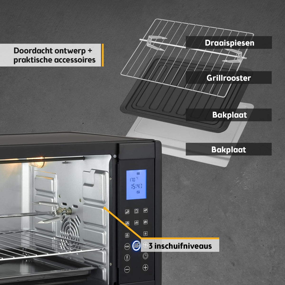 TZS First Austria - Minibakoven digitaal 30L 1600W - Mini Oven traploze temperatuurregeling tot 230°C - Minioven 60 m timer, 3 inschuifhoogtes, bakplaat & grillrooster - Voor kleine keukens & kamperen