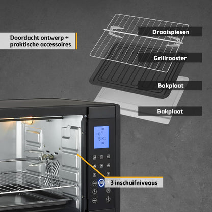TZS First Austria - Minibakoven digitaal 30L 1600W - Mini Oven traploze temperatuurregeling tot 230°C - Minioven 60 m timer, 3 inschuifhoogtes, bakplaat & grillrooster - Voor kleine keukens & kamperen
