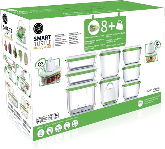 FOSA Starterkit, gepatenteerd vacuümsysteem, compact vacuümapparaat en premium container (1 schildpad + 8 ronde en rechthoekige houders)