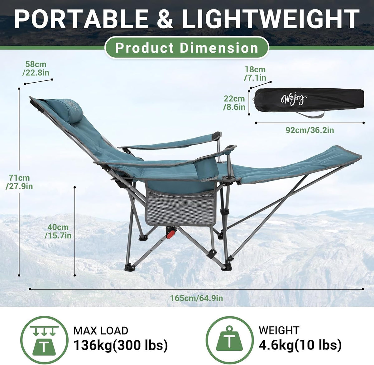 #WEJOY 2-in-1 campingstoel, opvouwbaar met voetensteun, gevoerde ligstoel met verstelbare rugleuning, relaxstoel, ligstoel met bekerhouder, ligstoel voor outdoor, camping, cyaan, set van 2