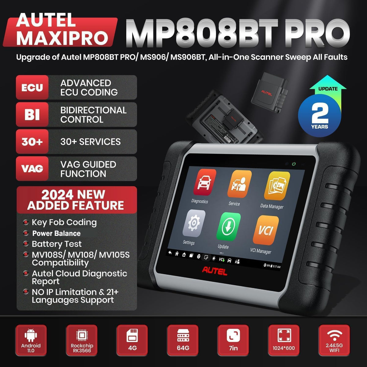 Autel MaxiPRO MP808BT PRO, 2 Jaar Gratis Update [twv €650], 2026 Upgrade van MS906BT MP808BT MP808S MP808, ECU-Codering, Bidirectionele Controle, 31+ Dienst, Volledige Diagnose, Android 11.0