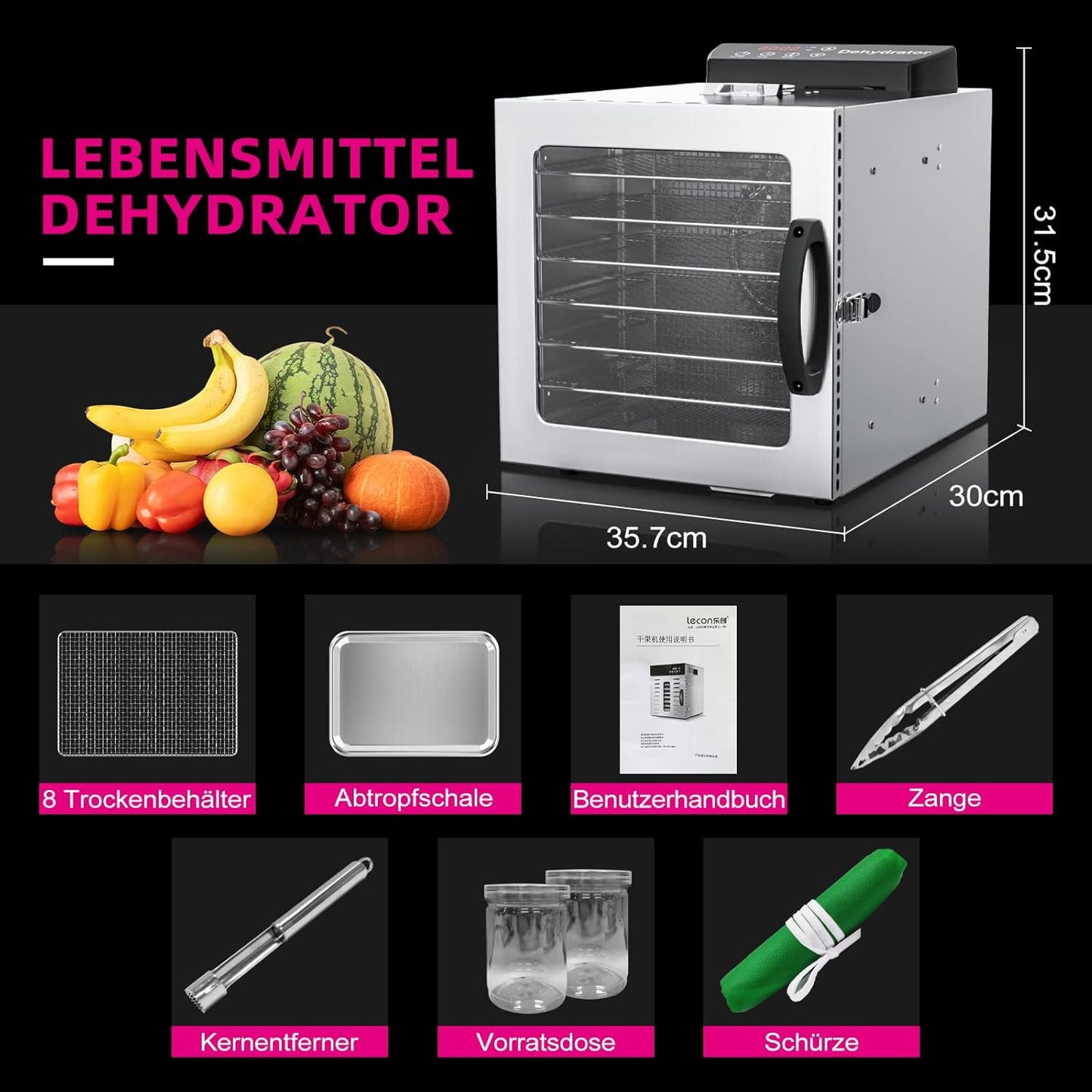 Lecon Voedseldroger van roestvrij staal, dehydrator, 30-90 °C, 24-uurs timer, dehydrator voor levensmiddelen, vlees, vruchten, groentedroger, fruitdroger, droogmachine met schort, verzegelde tank (8