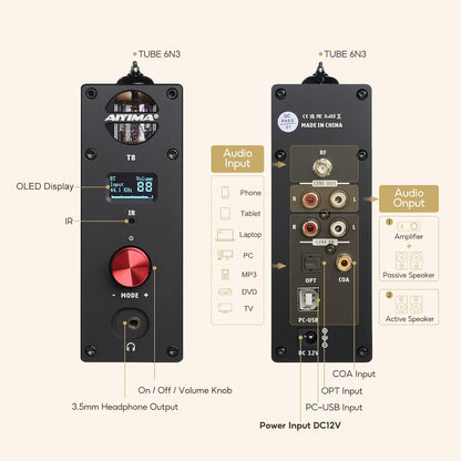 AIYIMA T8 6N3 Digital Tube voorversterker QCC3031 Bluetooth 5.0 voorversterker USB DAC hoofdtelefoonversterker coaxiale optische stereo audio decode ondersteuning APTX