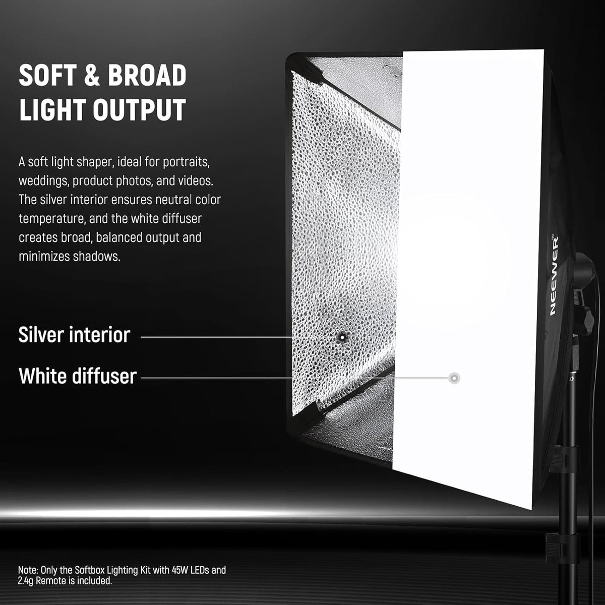 NEEWER NK103 Softbox verlichtingsset met statiefstandaard, set van 2, 45 W tweekleurige 2,4 G led-gloeilampen, 10 kanalen, 2900K-7000K, 1400Lux/m, CRI95, 20 m afstandsbediening, continue fotografie