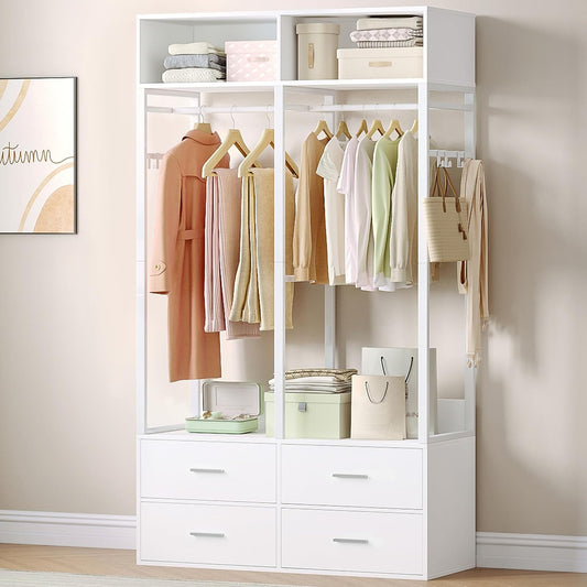 Hzuaneri Wardrobe,Open wardrobe,With 4 wooden drawers,Top storage compartment,Ironwood,Modern style,Suitable for bedrooms and dressing rooms, 39.4 x 16.9 x 72.8 inch, White BW06603W