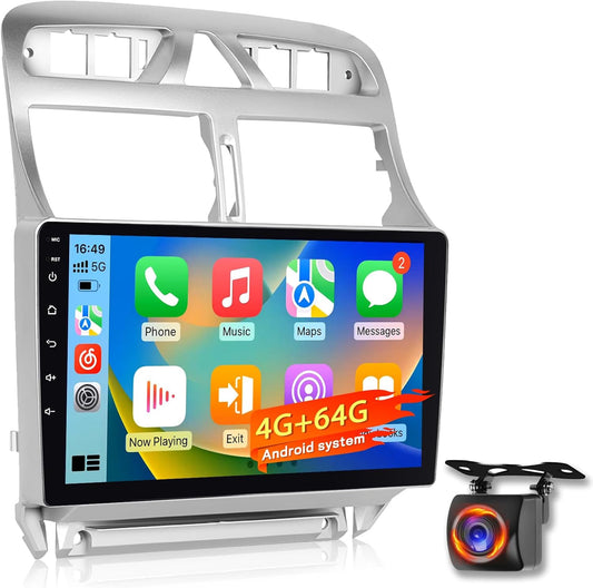 4+64G Android Autoradio voor Peugeot 307 2002-2013, 9 Inch IPS 1280×720 Touchscreen Stereo met Wireless CarPlay & Android Auto, GPS WiFi Bluetooth DSP + AHD Achteruitrijcamera