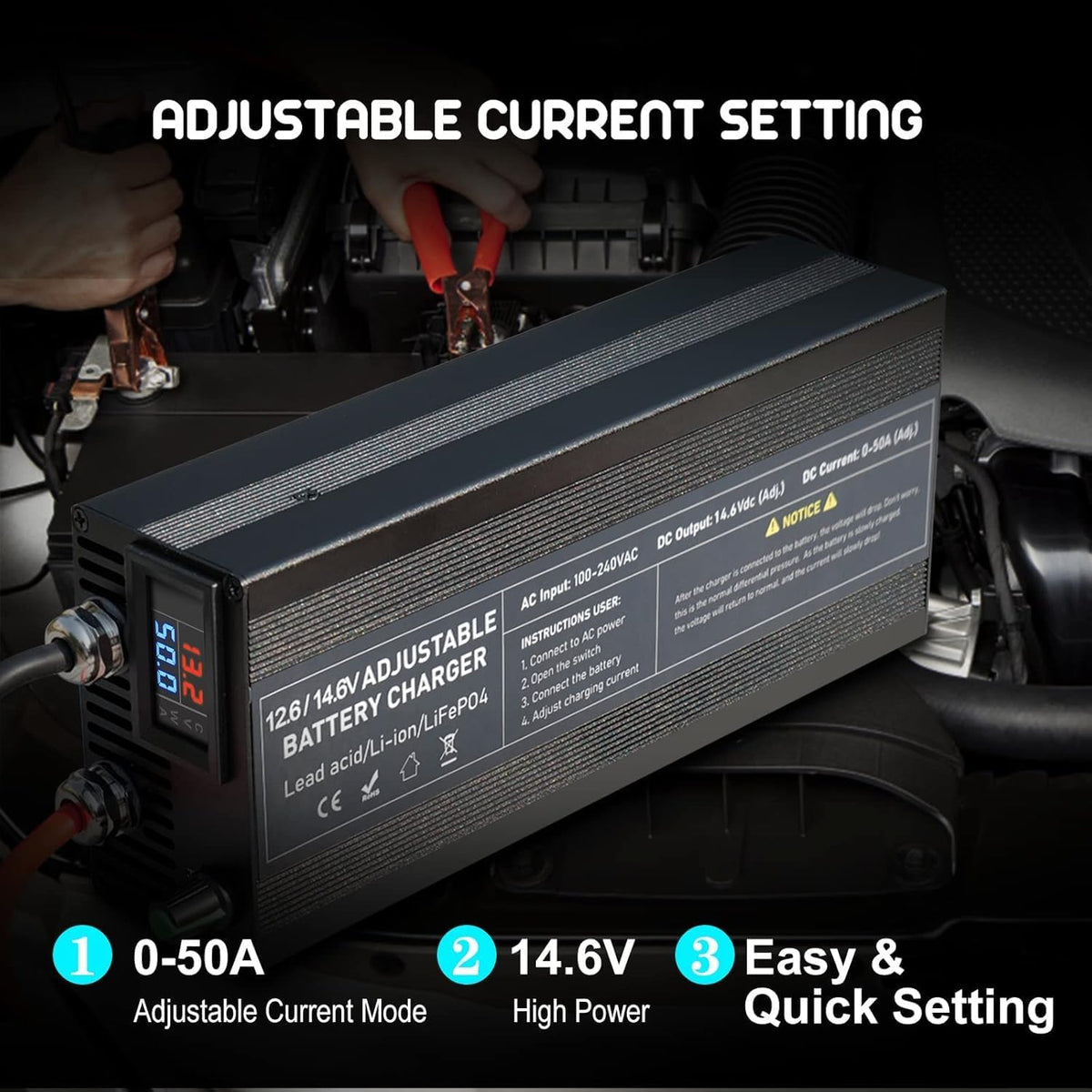 LiFePO4 Oplader met traploze regeling, intelligente 12V 50A acculader met activering van de lithiumbatterij voor auto, vrachtwagen, motorfiets, grasmaaier, boot, marine, lithiumbatterijen