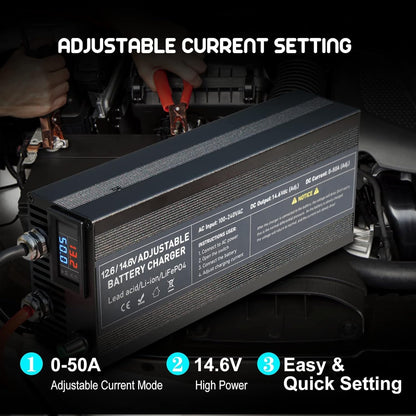 LiFePO4 Oplader met traploze regeling, intelligente 12V 50A acculader met activering van de lithiumbatterij voor auto, vrachtwagen, motorfiets, grasmaaier, boot, marine, lithiumbatterijen