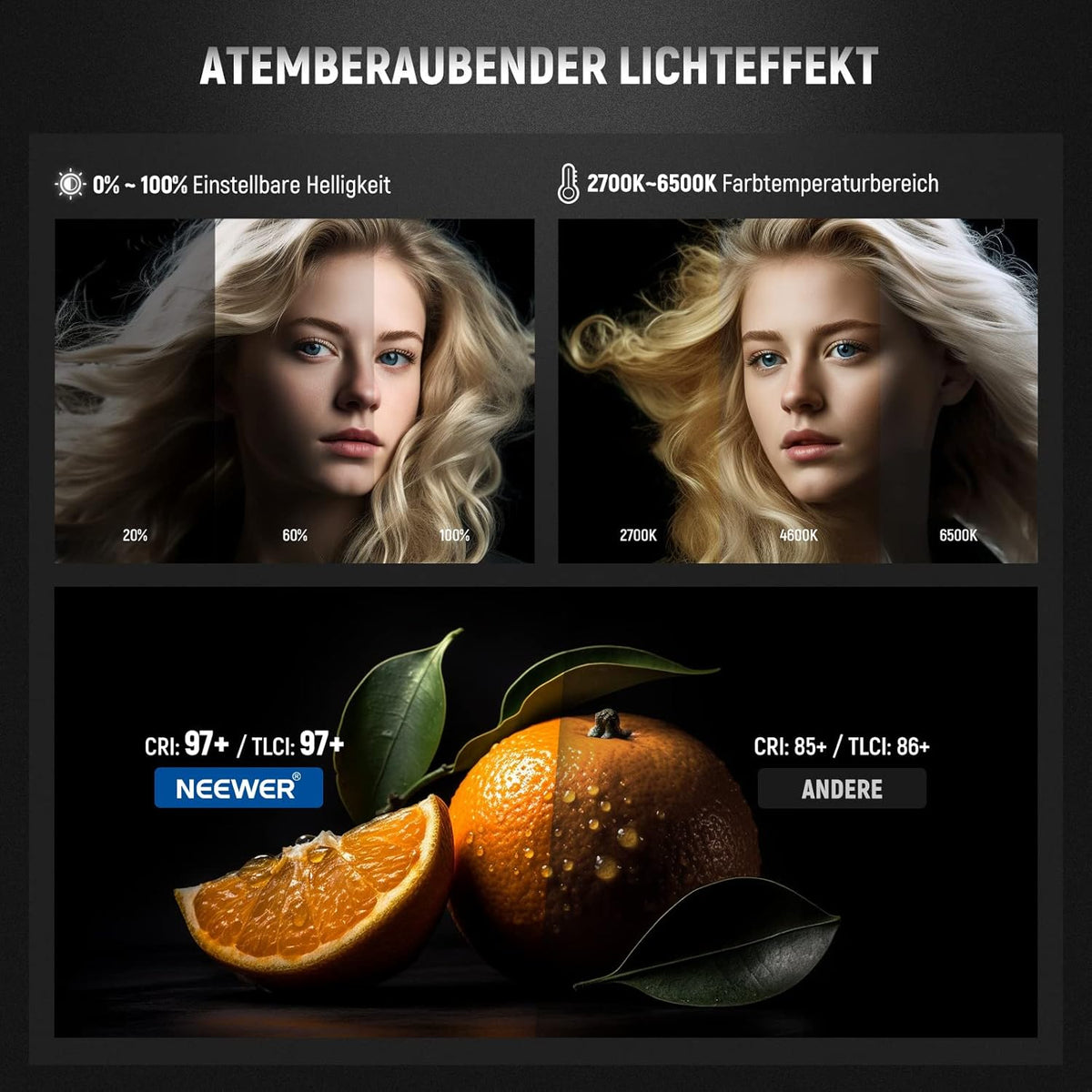 NEEWER CB60B 70W LED videolamp studiolicht 2,4G/APP bediening, COB Bi-Color Studio continu licht 2700K-6500K 34000Lux@1m/CCT modus/CRI97+/12 scènes Bowens houder voor fotografie videoverlichting