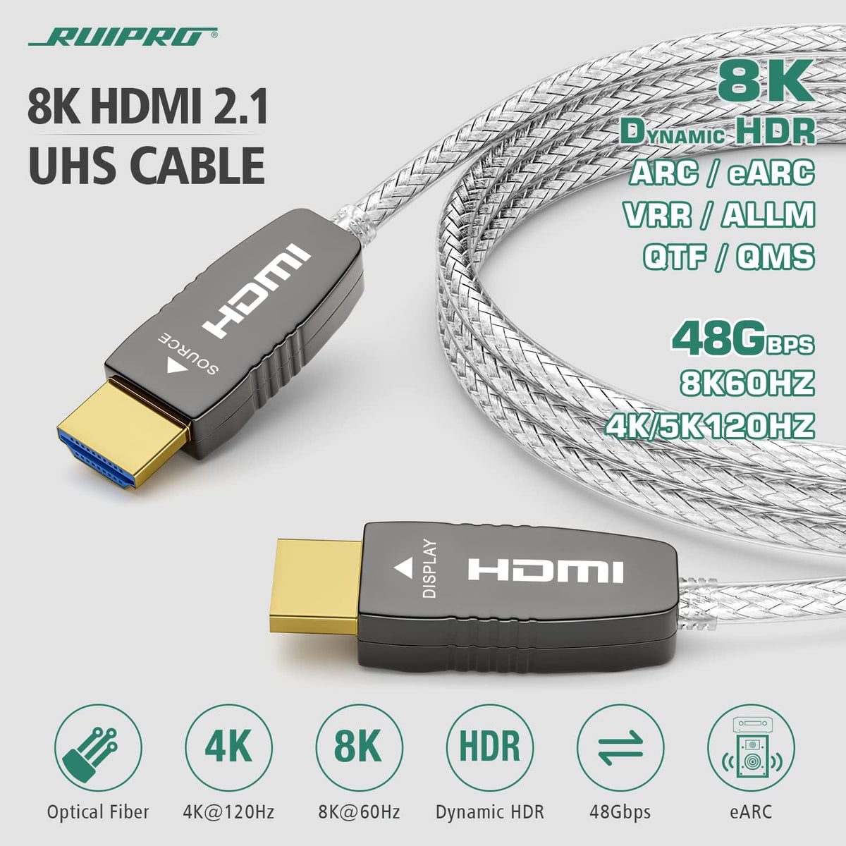 8K ULTRA Gecertificeerde HDMI Vezel Optische Kabel 15m 8K60Hz 4K120Hz eARC 48Gbps HDR HDCP2.2/2.3 voor RTX4080/3090/3090/3090, Xbox S/X, PS5/4, AVR, Projector, LG/Samsung/Sony TV