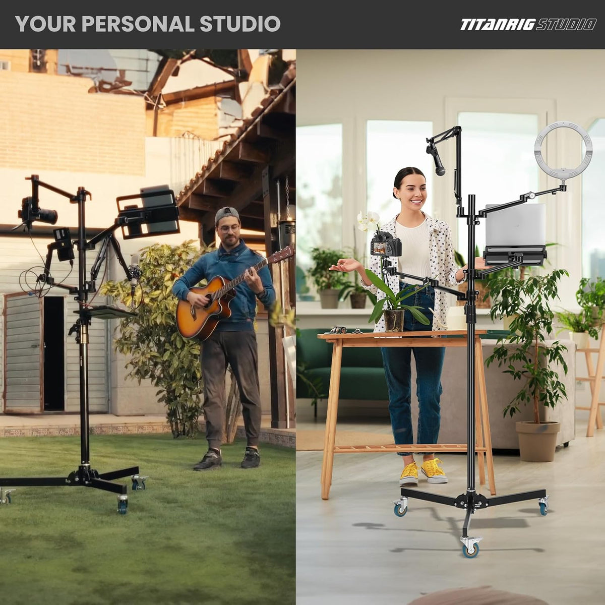 Mobiele Streamingstandaard – Vloerstandaard op Wielen – Vloerstatief – Camerastandaard – Microfoonstandaard – 5-In-1 Modulaire Studio-opstelling – 155 cm Hoog, 3 Vergrendelbare Wielen