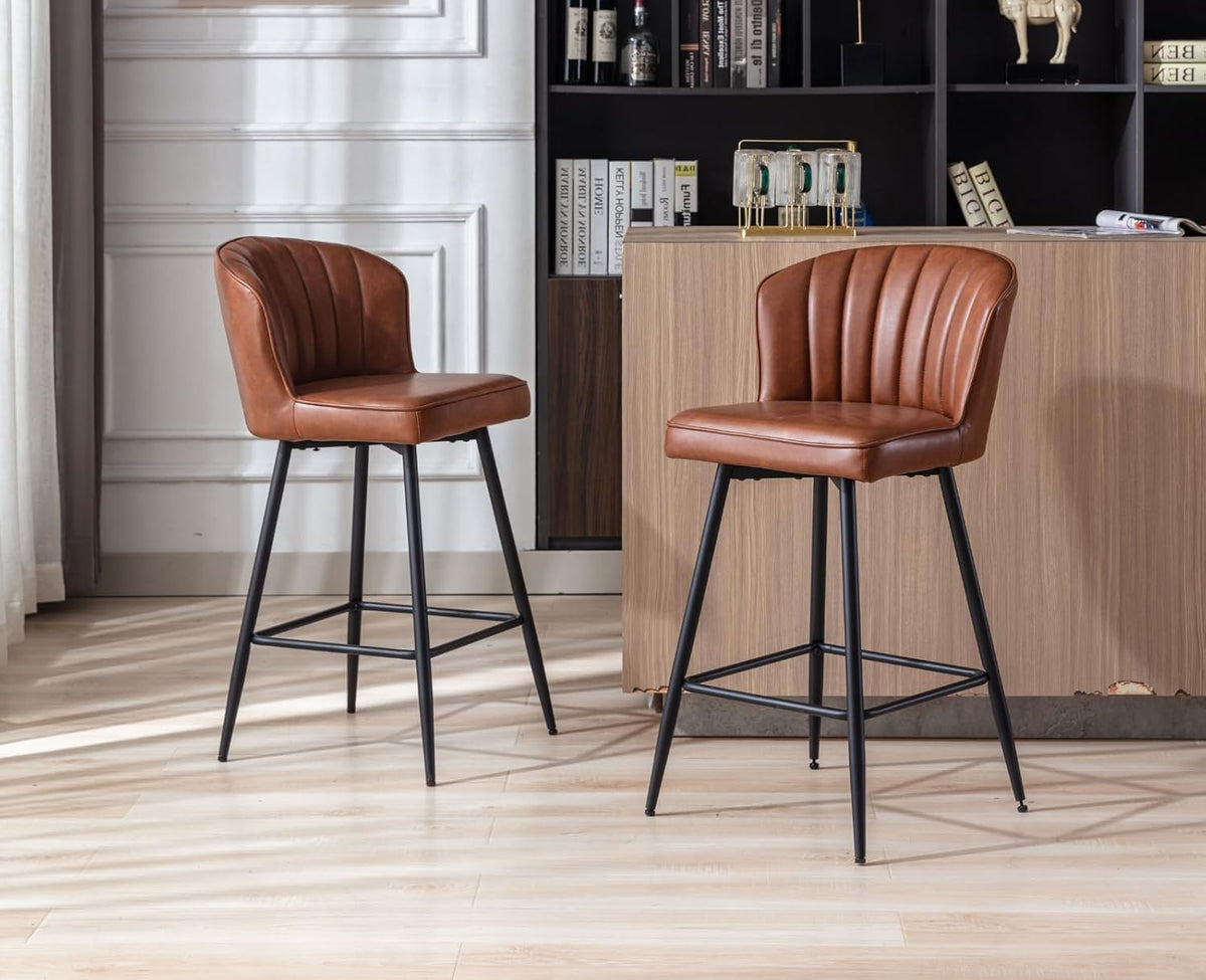 chairus Breakfast Bar Stools Set of 4 Kitchen Sink Stools, Modern Leather Bar Chairs with Metal Legs, Brown - QUORE
