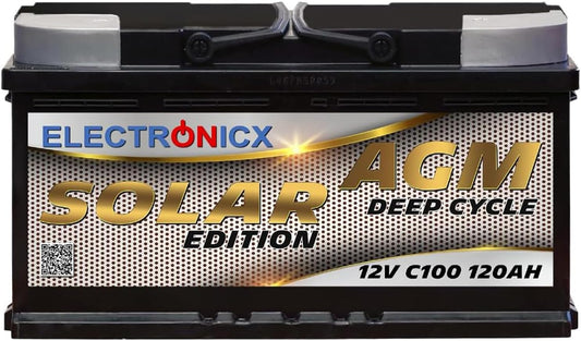 Electronicx AGM boordaccu 120Ah 12V – Deep Cycle Solar Edition – 12V C100 zonne-energie accu met AGM-technologie – 353x175x190mm – onderhoudsvrij – voor camper, boot, fotovoltaïsch 120 Ah