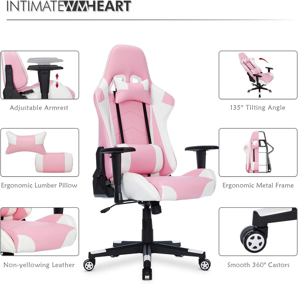 IntimaTe WM Heart D1001001B21 Gamingstoel, ergonomische racestoel, verstelbare pc-gamingstoel met hoge rugleuning met armen en rugsteun, liggende bureaustoelen (roze),50 * 55 * 131 cm