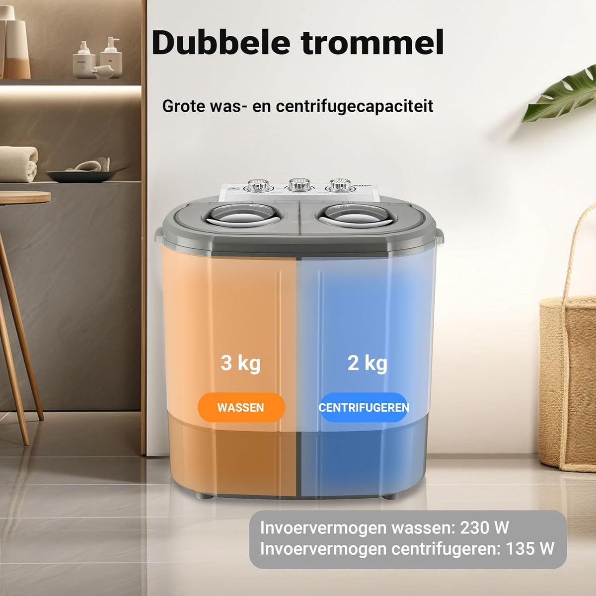 Wiltec Camping Washing Machine 230 W, Mini Washing Machine up to 3 kg 60 x 36 x 60 cm, Washing Machine with Spin, Camping and Student Washing Machine, Portable Outdoor Washing Machine - QUORE