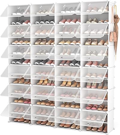 Large Shoe Rack with 12 Levels, Shoe Cabinet Plastic for 96 Pairs Shoes, Shoe Organizer High with Transparent Door for Hallway, Bedroom, Entrance (White, 4x12) - QUORE