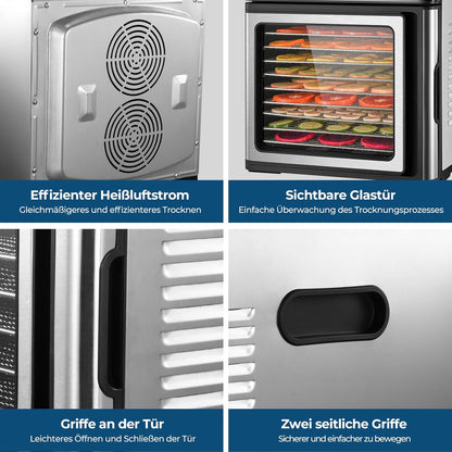 Roestvrijstalen droogautomaat, 1000 W voedseldroger voor groenten en fruit met led-display, nauwkeurige temperatuurregeling (35-75 °C), 48-uurs timer, 9 roestvrijstalen schalen, 2 gaaszeefjes, 1 kom