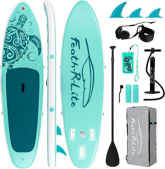 FEATH-R-LITE Opblaasbaar stand-up paddleboard, surfplank, SUP, compleet paddleboard, accessoires, verstelbare peddel, pomp, ISUP reisrugzak, paddleboard voor volwassenen (Ijsgroen)