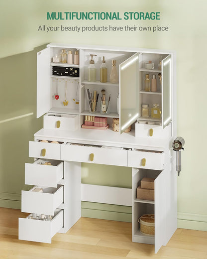 Hzuaneri Large Dressing Table with Mirror, Dressing Table with LED Lighting, with Power Strip and Hair Holder, 3 Colours, Adjustable Brightness, 8 Drawers, 1 Storage Cabinet, White DT42003XEU