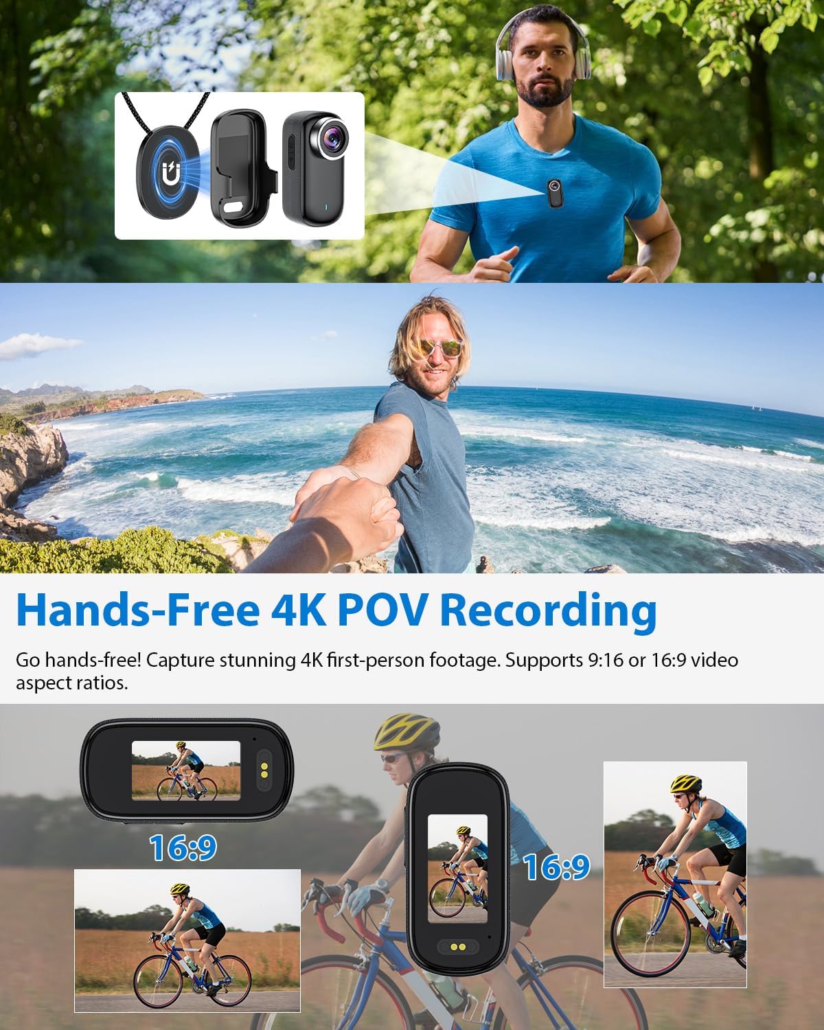 Mini Action Cam 4K WiFi, 32 GB bodycam lichaamscamera met scherm, 150° onderwatercamera, 30 m, kleine sportcamera, motorfiets, helmcamera, actiecamera, vlog, videocamera, multifunctionele accessoires