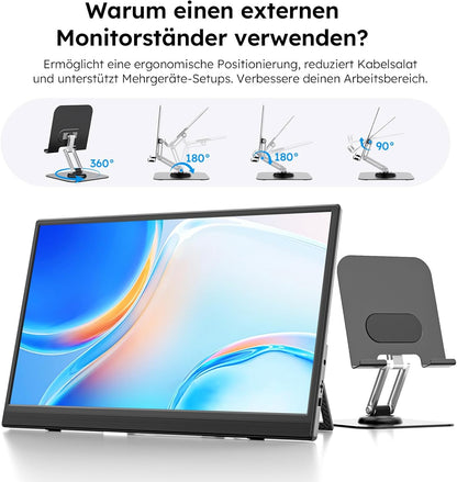 Portable Monitor 15.6" with Custom Stand, 1080P FHD Portable Monitor with Speaker, Ultra Slim USB-C & HDMI External Display for Laptop/PC/Mac/Xbox - with VESA Holes - QUORE