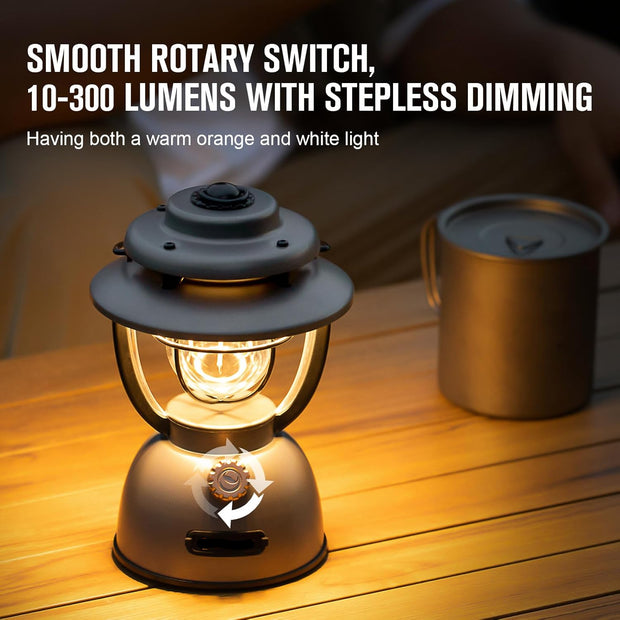Campinglamp - Kampeerlamp - Retro Stijl LED-lantaarn - Dimbare - Draagbare - met Noodstroombank - USB-C & A Oplaadbaar - voor Buiten - Camping - Noodsituatie - IPX5 Waterdicht - 300Lm - 11200 mAh - Grijs
