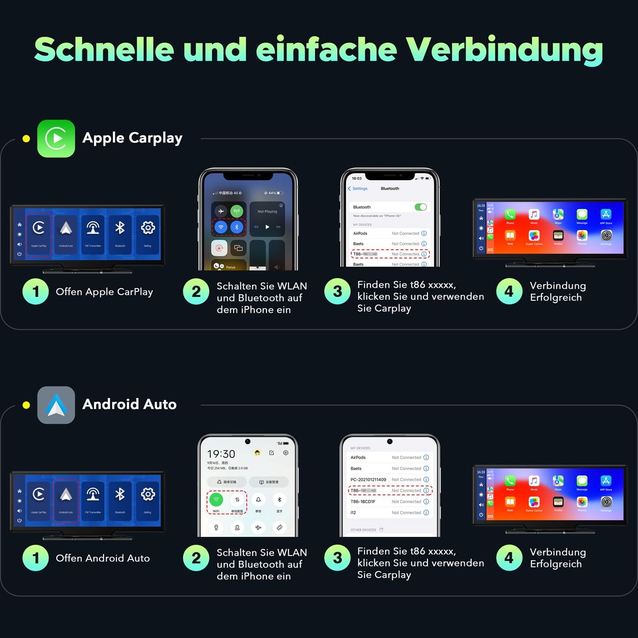 Draadloze Apple Carplay & Android Auto Stereo, 9.26" Draagbare Autoradio met 2K Dash Cam Voorkant, 1080P Achteruitrijcamera, Navigatie Apparaten met Siri/Bluetooth/GPS/Google/FM/AUX/Mirror-Link/64G TF