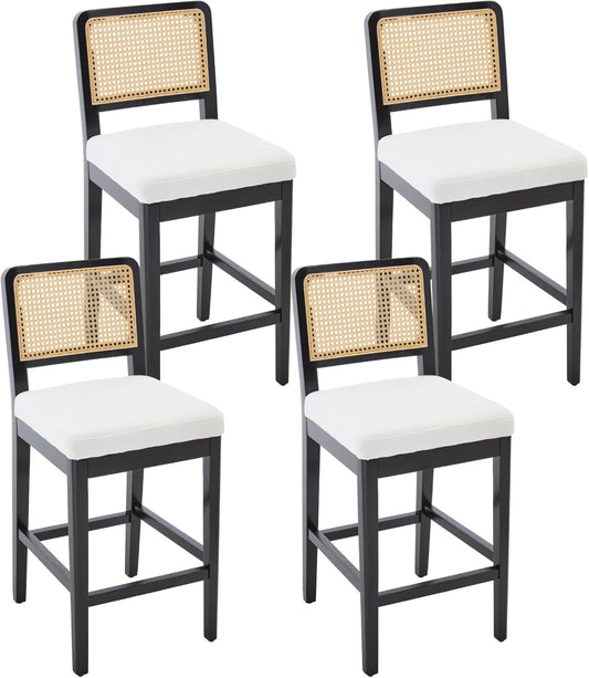 chairus Set of 4 Bar Stools Linen Bar Chair with Rattan Backrest, Retro Wooden Bar Stool, Bar Stool for Dining Room, Kitchen, Black-4 - QUORE