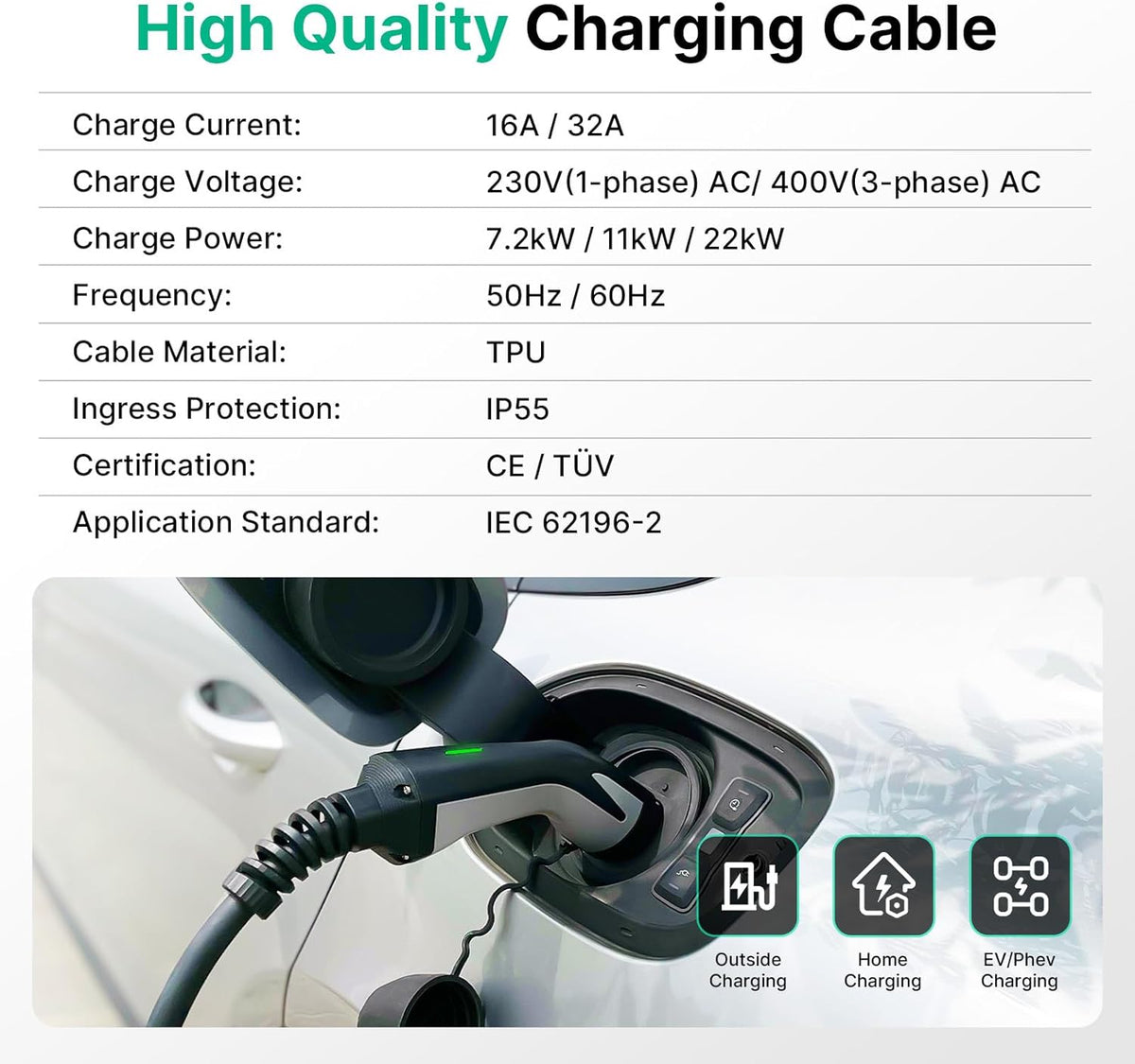 Oplaadkabel 11 KW driefasig 10 m type 2 naar type 2 EV oplader 16 A compatibel met model S/3/X/Y, e-Golf/e-UP/ID.3, i3/i8, EQC/EQS
