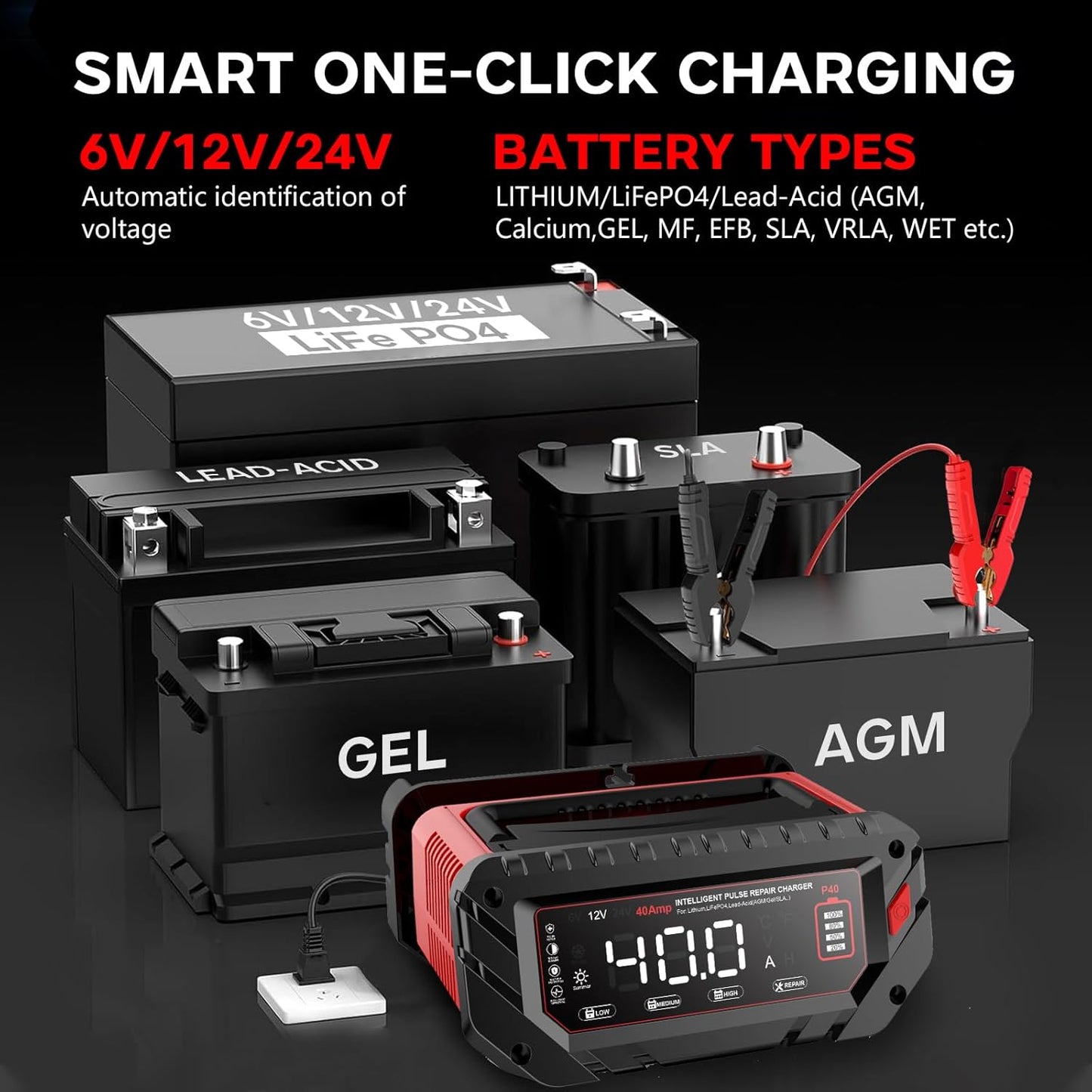 Autoacculader – Acculader – Batterijlader – Oplader – Accu Onderhoudsapparaat – 40 A Laadstroom – Geschikt Voor 6V/12V/24V Batterijen