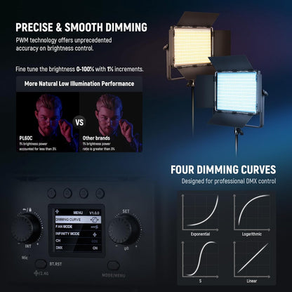 NEEWER 2-pack PL60C RGB videolamp LED-paneel continu licht set met 2 m licht statief/tas APP/2,4 G/DMX besturing 60W 23000Lux/0,5 m 2500K-10000K 18 scènes RGBCW Pro fotografie studioverlichting