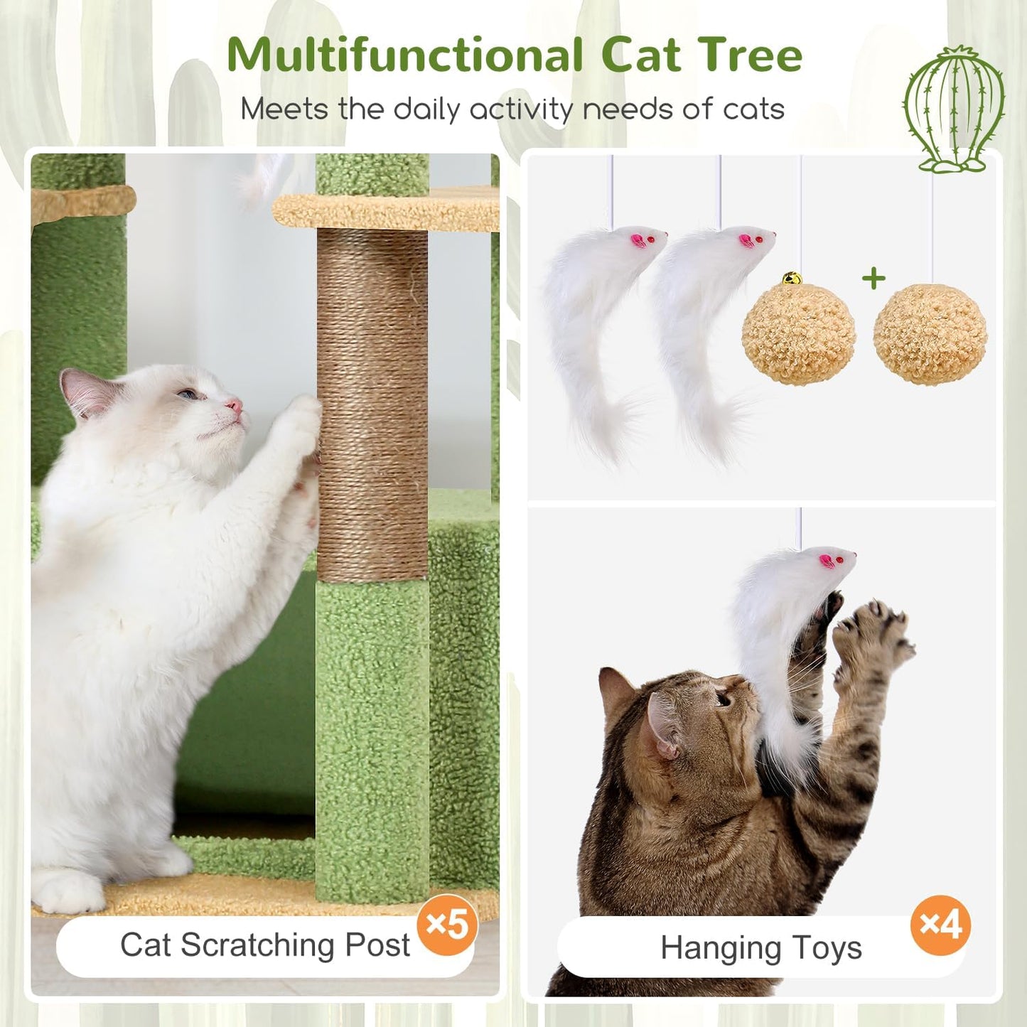 Globlazer Cat Tree Cactus Green Large, Scratching Post XXL High 204cm with 3 Cat House, 2 Large Platform, 2 Baskets Soft, Stable Cat Tower Luxury for 3-5 Large Cats Rest Playing (F80F, Green) - QUORE