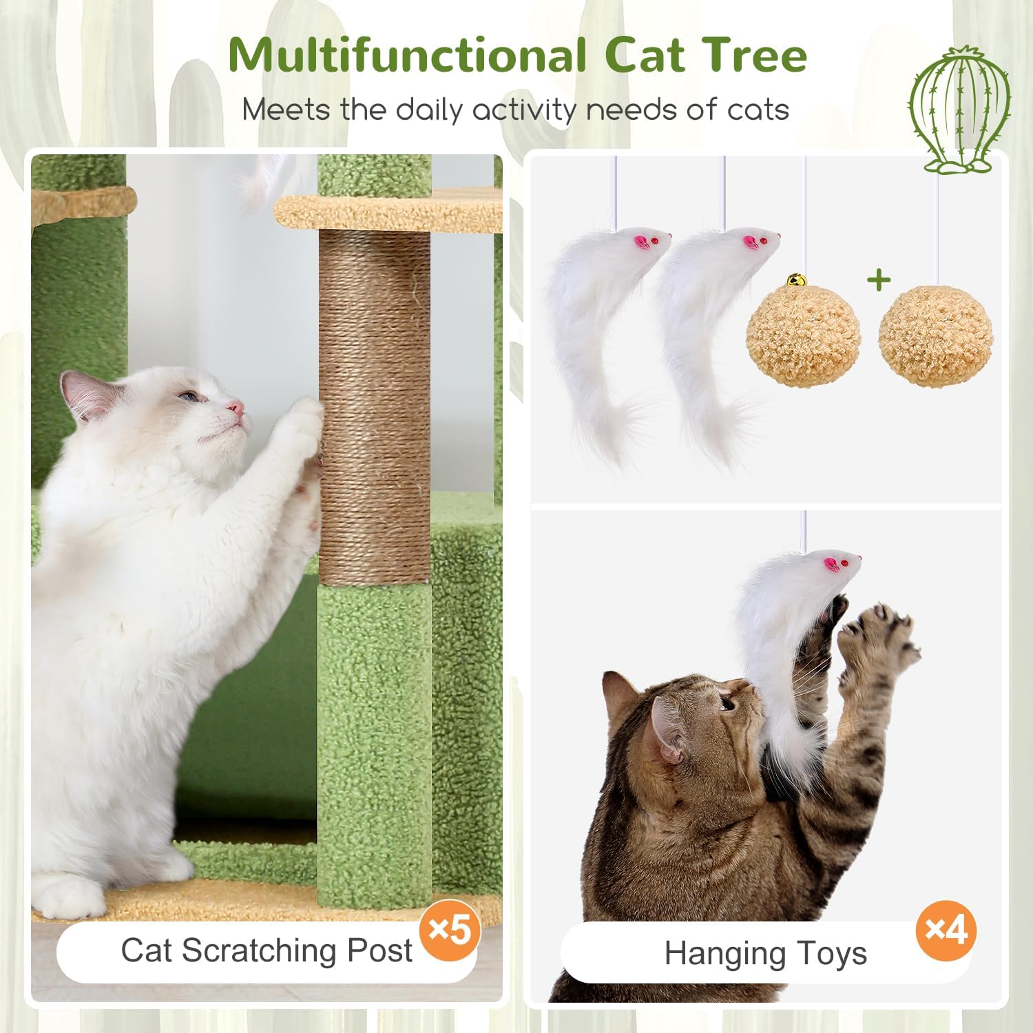 Globlazer Cat Tree Cactus Green Large, Scratching Post XXL High 204cm with 3 Cat House, 2 Large Platform, 2 Baskets Soft, Stable Cat Tower Luxury for 3-5 Large Cats Rest Playing (F80F, Green) - QUORE