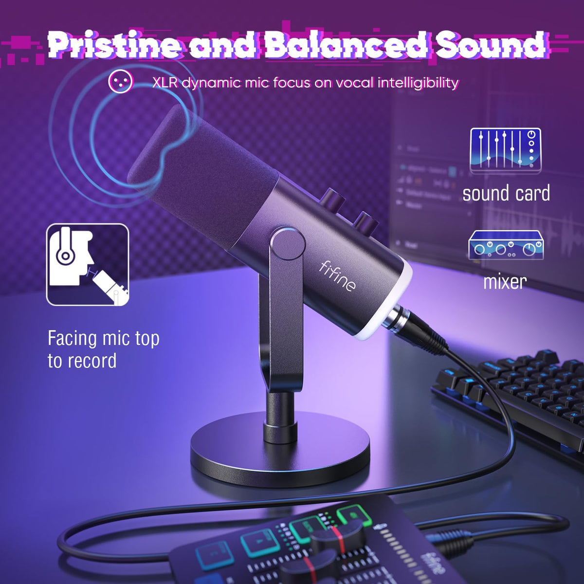 FIFINE XLR AM8 + SC3 Streaming Microfoon en Gaming Audio Mixer, USB Dynamische Microphone Gaming PC voor Podcast Studio, Streaming RGB PC Mixer met XLR Microfoon-Interface